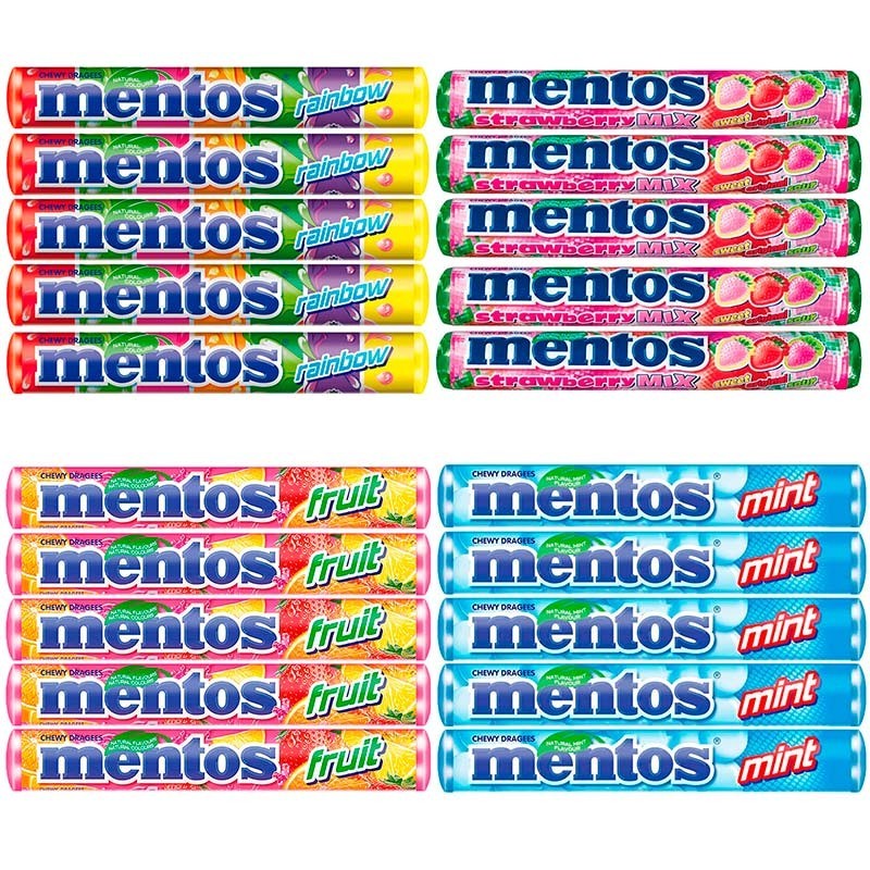 Caja 20 Mentos de 38 gr 4 variedades 5 menta, 5 Rainbow, 5 Fruit y 5 fresa Caja 20 Mentos de 38 gr 4 variedades 5 menta, 5 Rainbow, 5 Fruit y 5 fresa