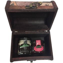 Baúl estampado con miniatura de quesito de oveja y miniatura de mermelada de frambuesa para regalo
