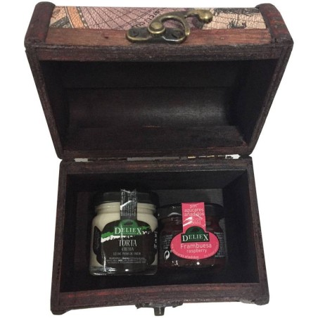 Baúl estampado con miniatura de quesito de oveja y miniatura de mermelada de frambuesa para regalo