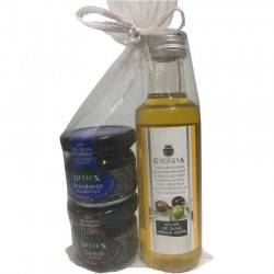 Combinación aceite de oliva virgen extra y mermeladas miniatura de cereza y arándanos para invitados