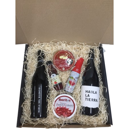 Estuche grande con vinos habla, cremosito, vinagre, aceite y crema jamón para empresa