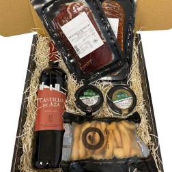 Estuche con loncheados, quesos de untar, vino tinto y picos Deliex.