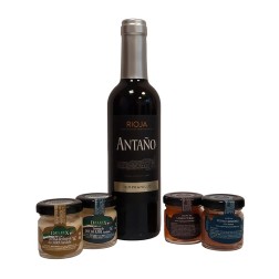 Cesta empresa con vino rioja, dos patés y dos tarros de queso para navidad