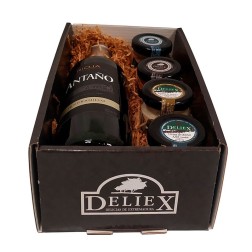 Estuche de empresa con vino rioja, dos patés y dos tarros de queso para navidad