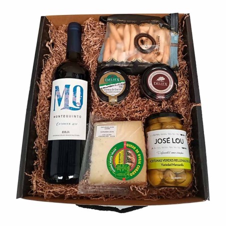 Estuche con Vino tinto castillo de Aza, patés ibéricos, cuña de queso de oveja y aceitunas al ajo.