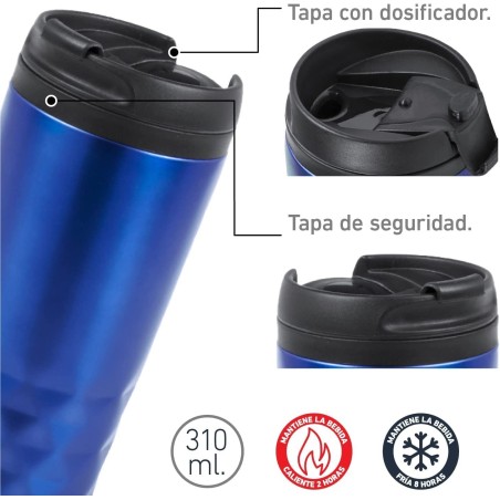 Lote con termo y vasos térmico azules para llevar.