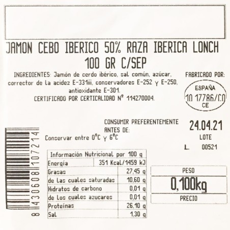 Loncheado de jamón ibérico de cebo cortado a máquina