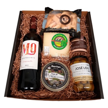 Pack de Aceitunas naturales, paté de ciervo con boletus, crema de jamón, queso y Montequinto