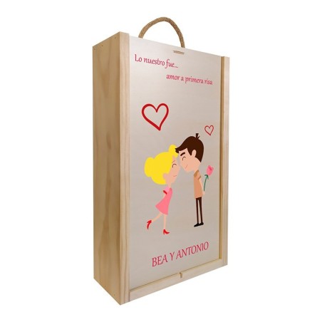 Caja de madera para 2 botellas personalizable con tu nombre. Modelo "Si lees esto me debes un beso".