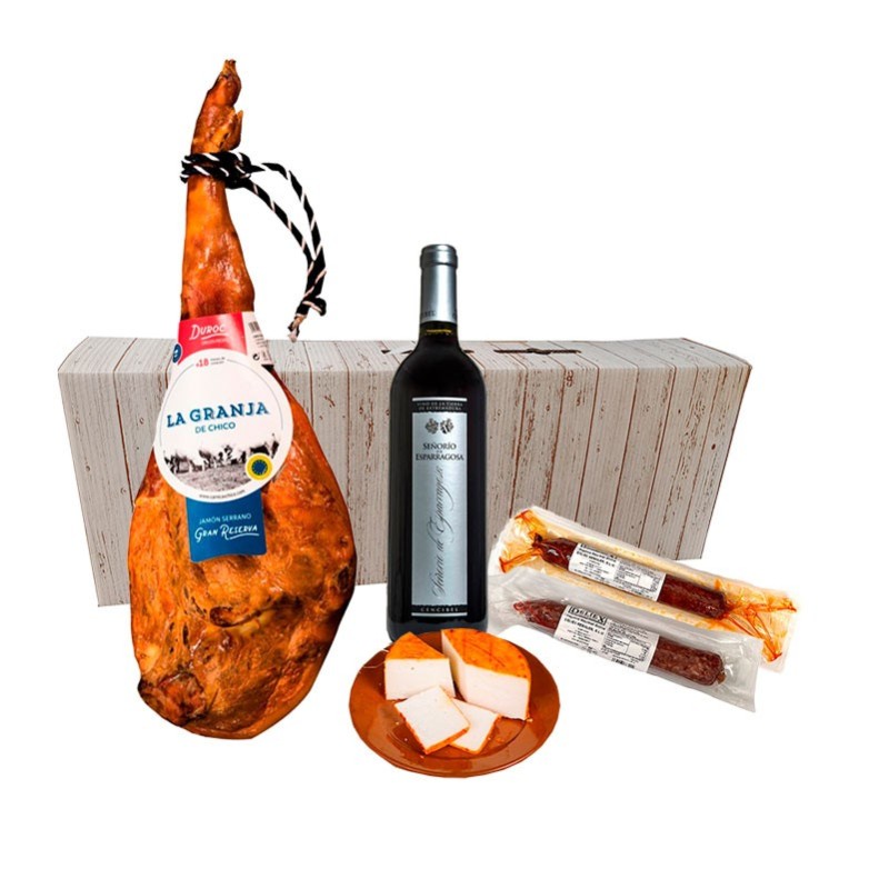 Estuche que contiene jamón, vino y productos ibéricos Estuche que contiene jamón, vino y productos ibéricos